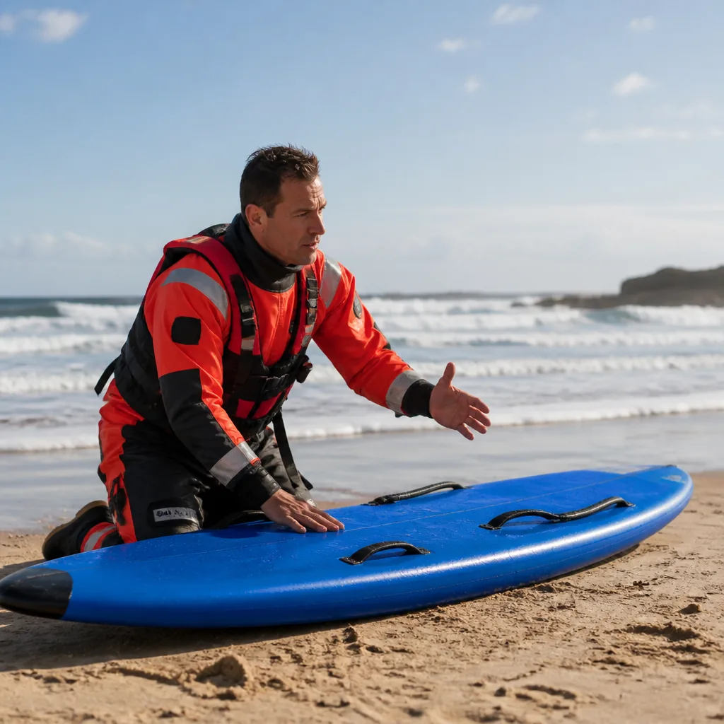 Présentation du matériel de sauvetage côtier disposé sur la plage
